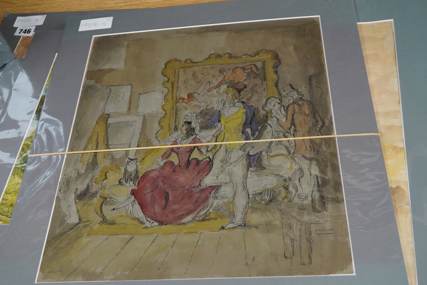 Harold Hope Read (1881-1959), ‘Outside family Scene’, ‘A Forest Gathering’ and ‘A Manage A Trois’, unsigned, Bowden Fine Art labels verso, three ink and watercolours on paper, mounted, unframed, largest 38 x 55cm